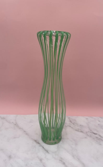 Vintage 15.5" Stretched Vase with Green And Clear Stripes